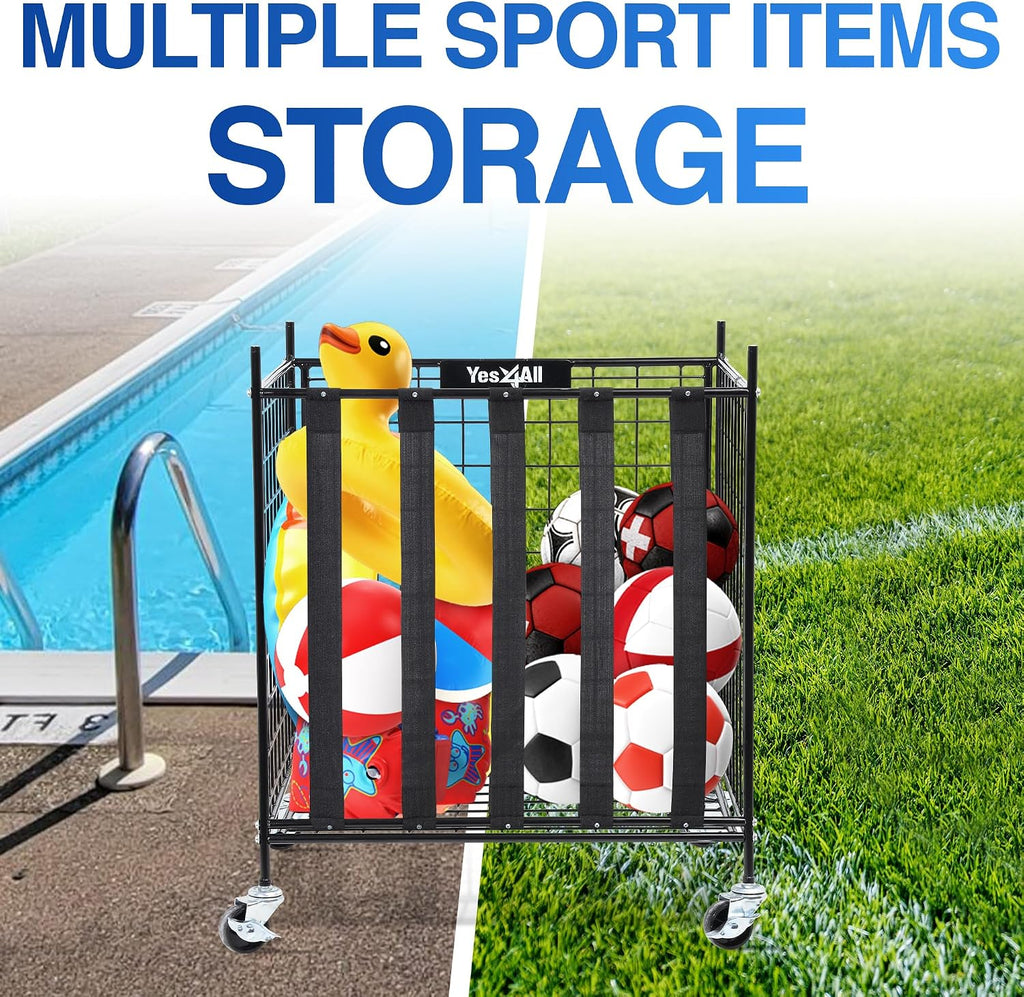 Rolling Ball Cart Storage with Lockable Wheels Volleyball Basketball Holder, Toy Balls Bin, Garage Cage, Storage