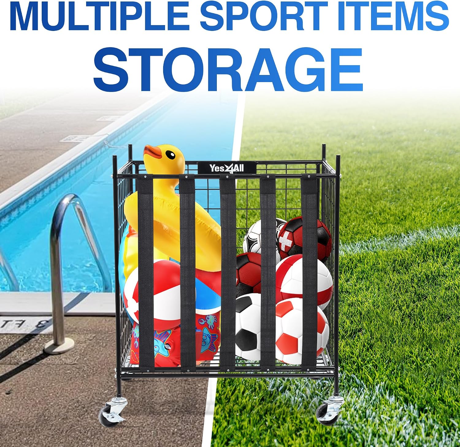 Rolling Ball Cart Storage with Lockable Wheels Volleyball Basketball Holder, Toy Balls Bin, Garage Cage, Storage