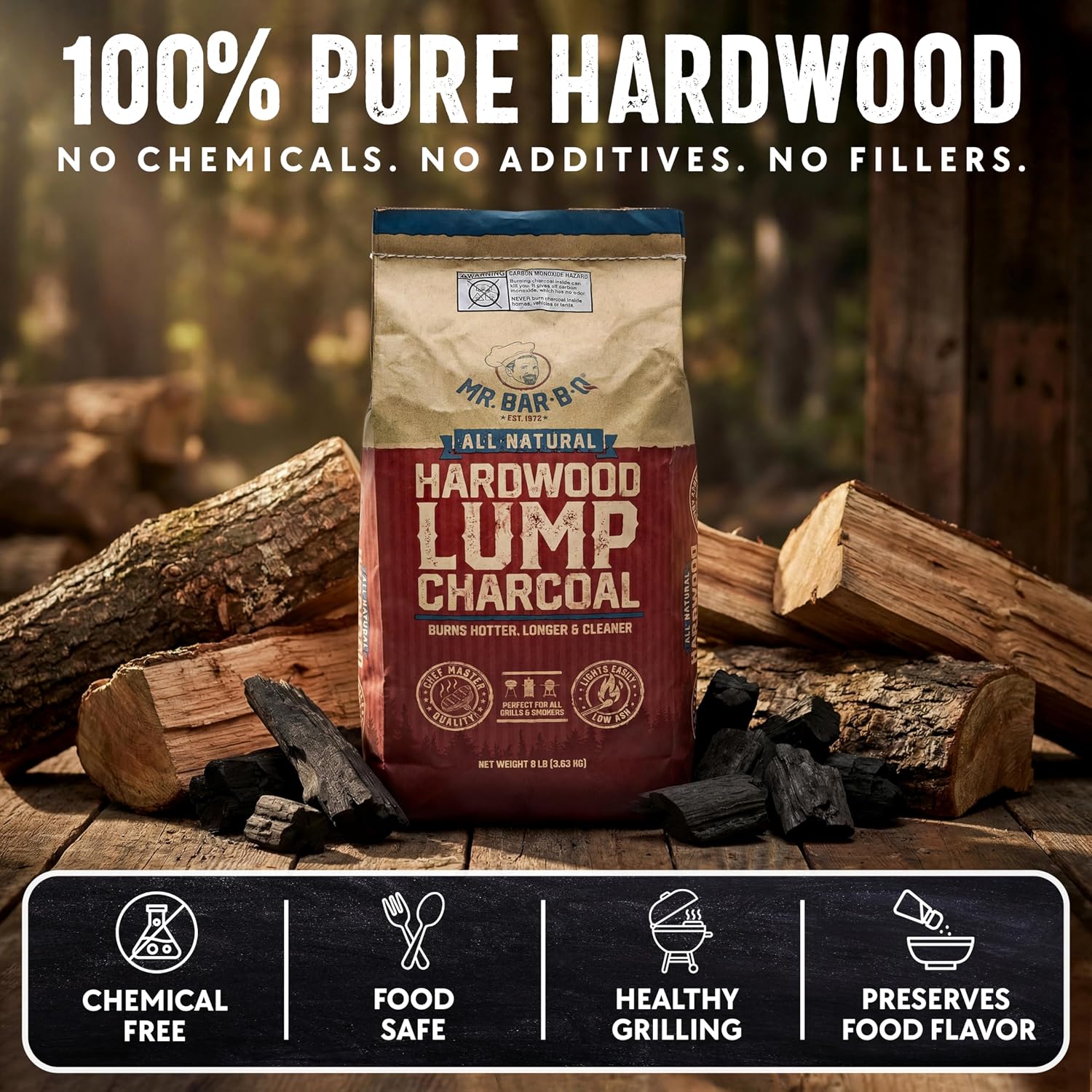 8 LB. All Natural Hardwood Lump Charcoal by Mr. Bar-B-Q - Premium Natural Charcoal for Grilling, BBQ, Smoking, Kamado