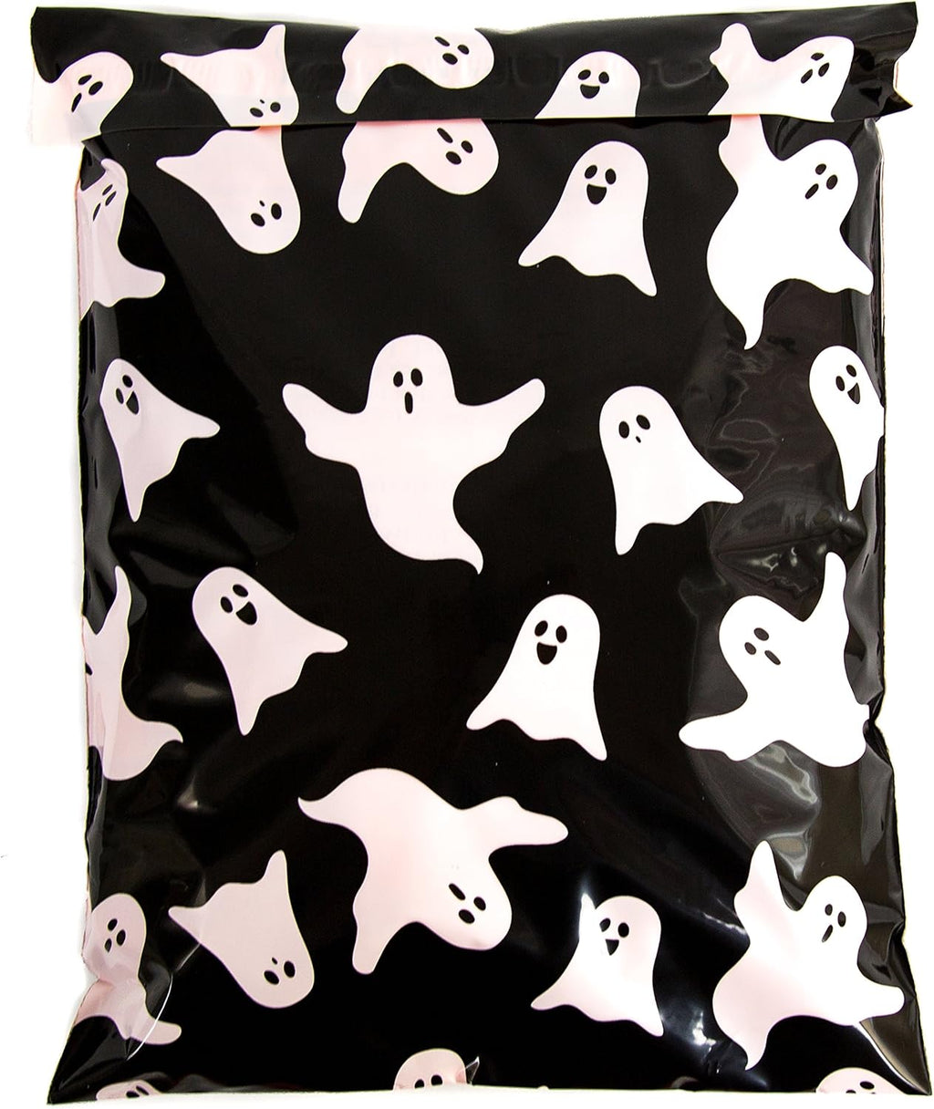 100 Pack- Halloween Poly Mailers 10x13 - Ghosts (Black)