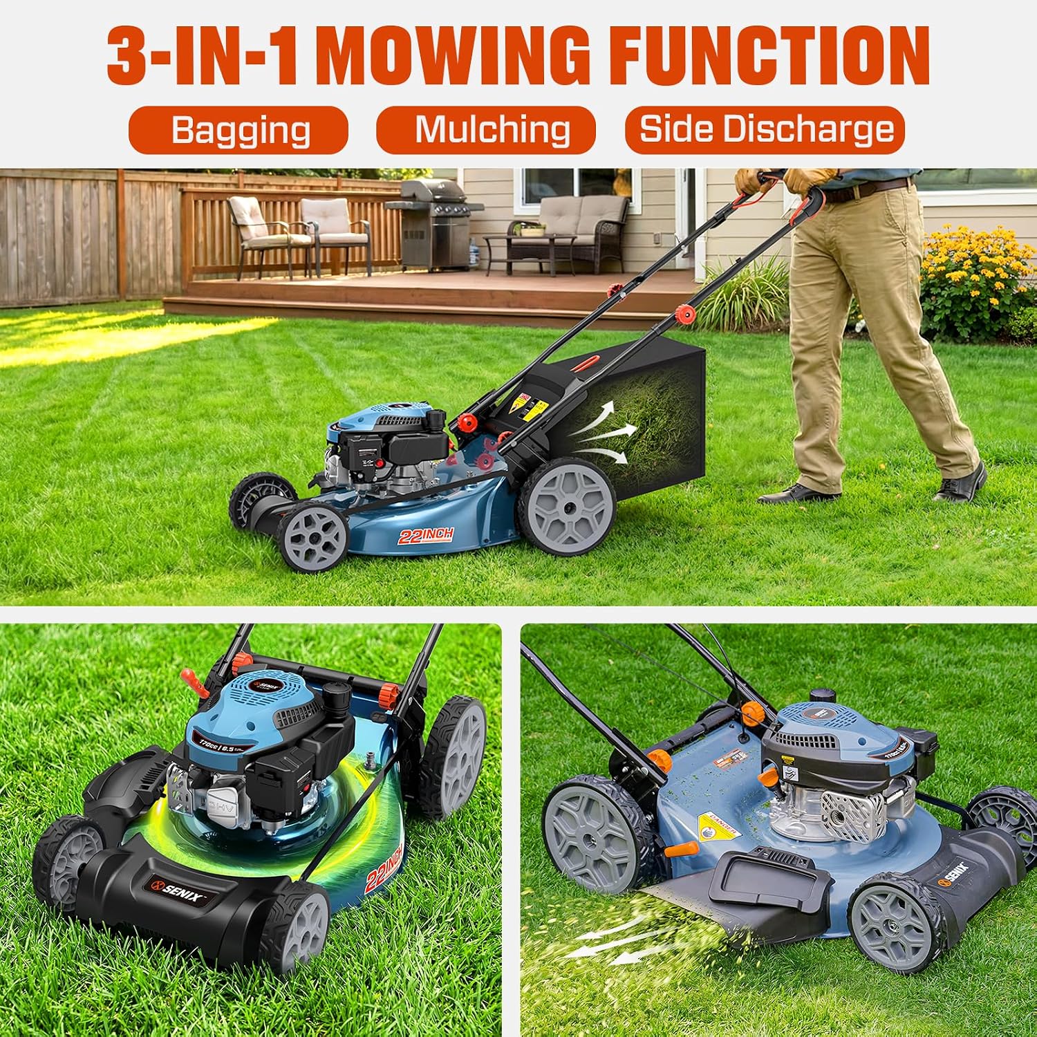 22'' Self Propelled Gas Lawn Mower, 170cc Gas Lawnmower,Easy Start | 4-Cycle Engine, 3-in-1 (Bagging/Mulching/Side