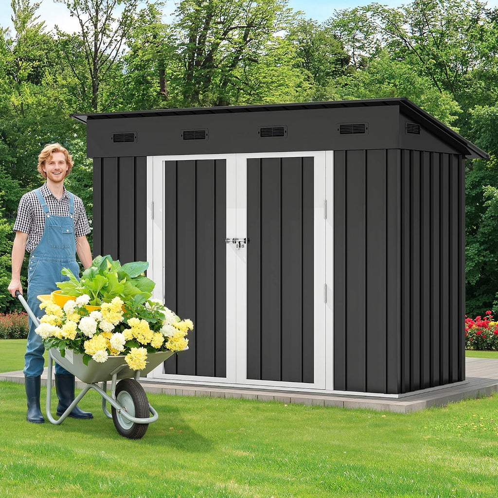 8.5' x 3.5' Outdoor Storage Shed, Lockable Double Doors, Sloped Roof, Heavy-Duty Steel Shed for Garden & Patio, Large