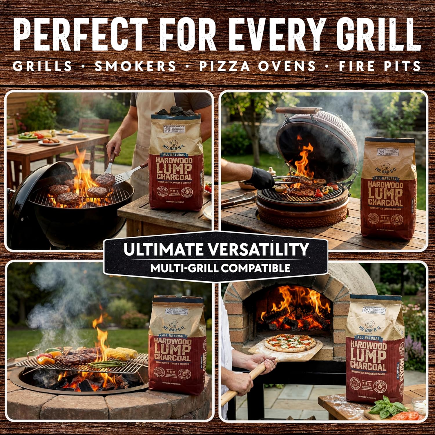 8 LB. All Natural Hardwood Lump Charcoal by Mr. Bar-B-Q - Premium Natural Charcoal for Grilling, BBQ, Smoking, Kamado