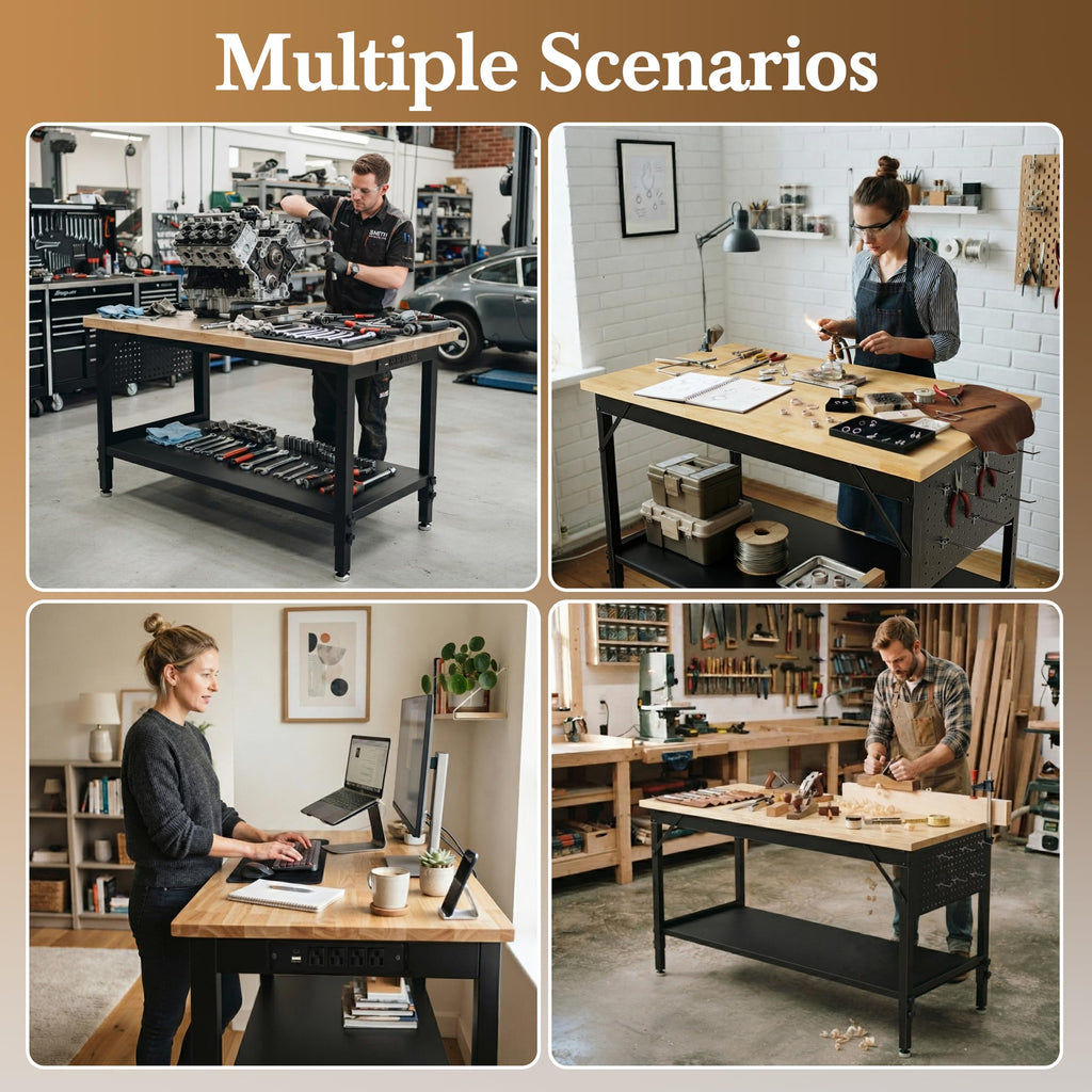 Adjustable Work Bench with Power Outlets, Heavy-Dute Work Table for Garage