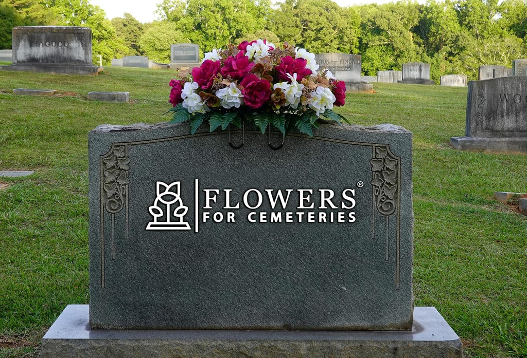 Artificial Cemetery Flowers - Grave Decoration - Fall Arrangement - 30" Long Plum Peony and White Hydrangea Saddle