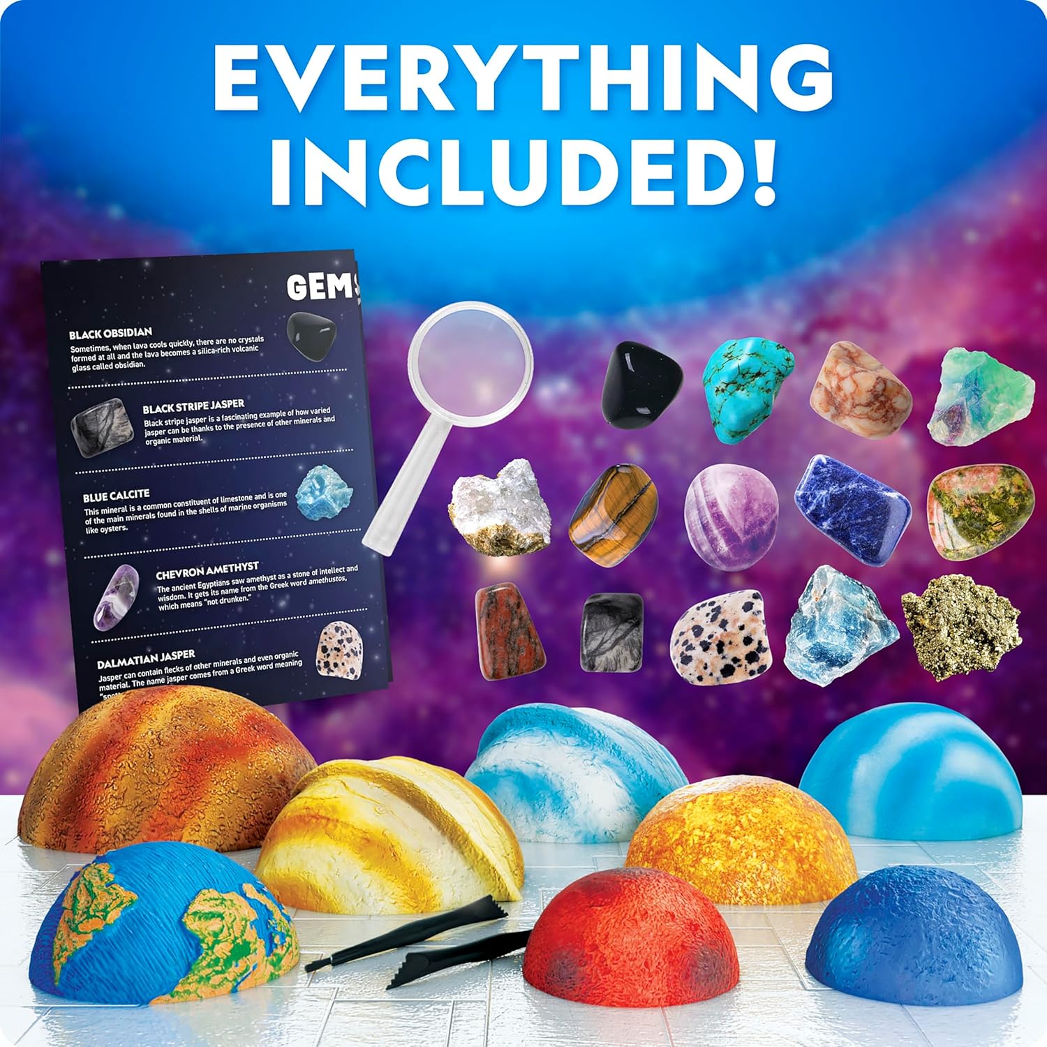National Geographic Space Gemstone Dig Kit with 16 Real Specimens | 8 Planet-Shaped Dig Bricks, 16 Rocks and