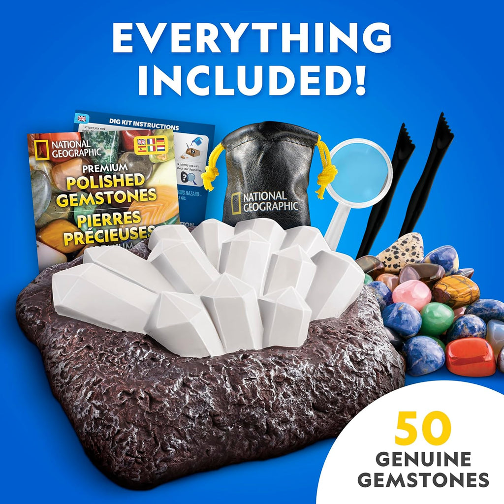 National Geographic Gigantic Gemstone Dig Kit with 50 Real Gemstones | Giant Dig Brick, Amethyst, Quartz & Tiger's