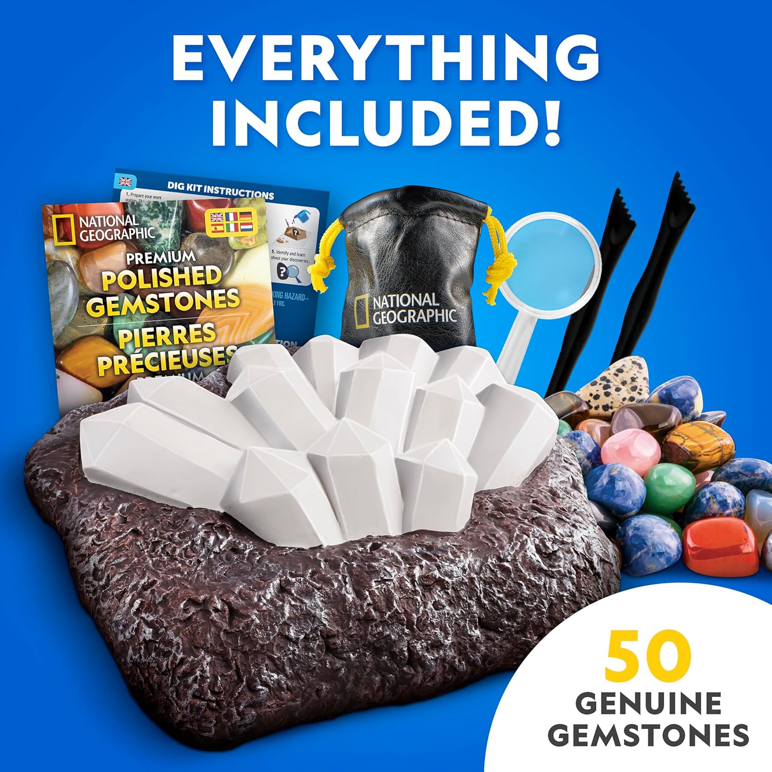 National Geographic Gigantic Gemstone Dig Kit with 50 Real Gemstones | Giant Dig Brick, Amethyst, Quartz & Tiger's