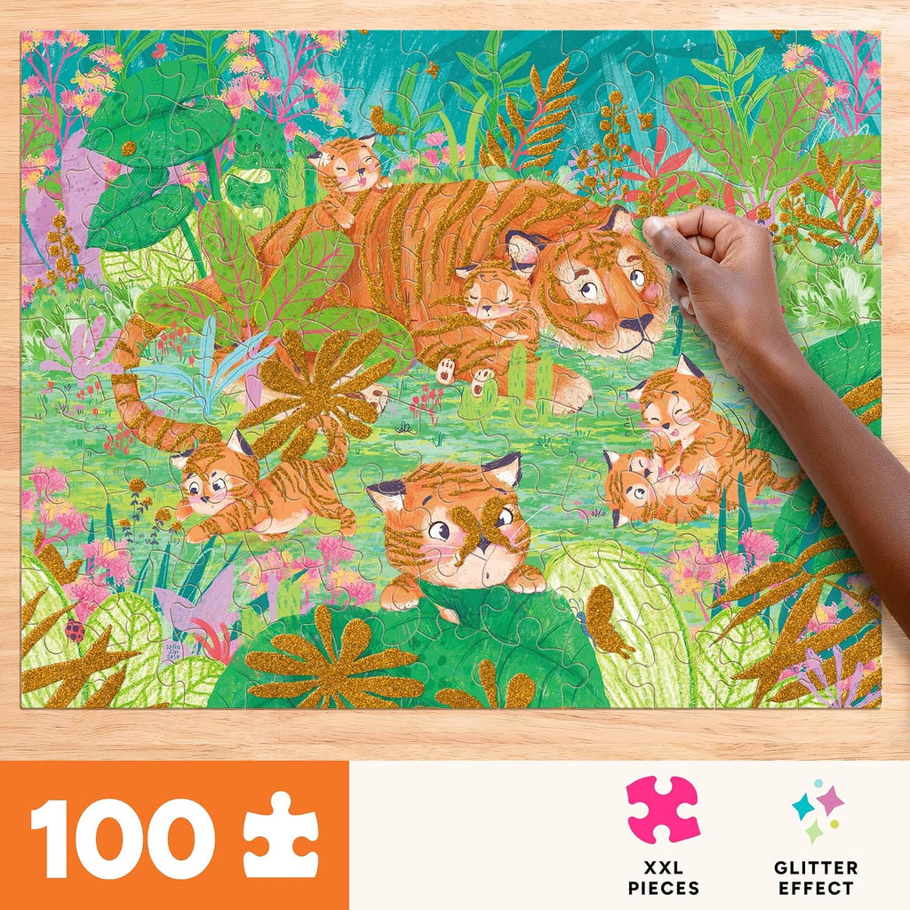 Chuckle & Roar - Sweet Tiger Family Glittery Jigsaw Puzzle – 100 Piece XXL Cozy Animal Scene, Ages 6+, 15 x 19