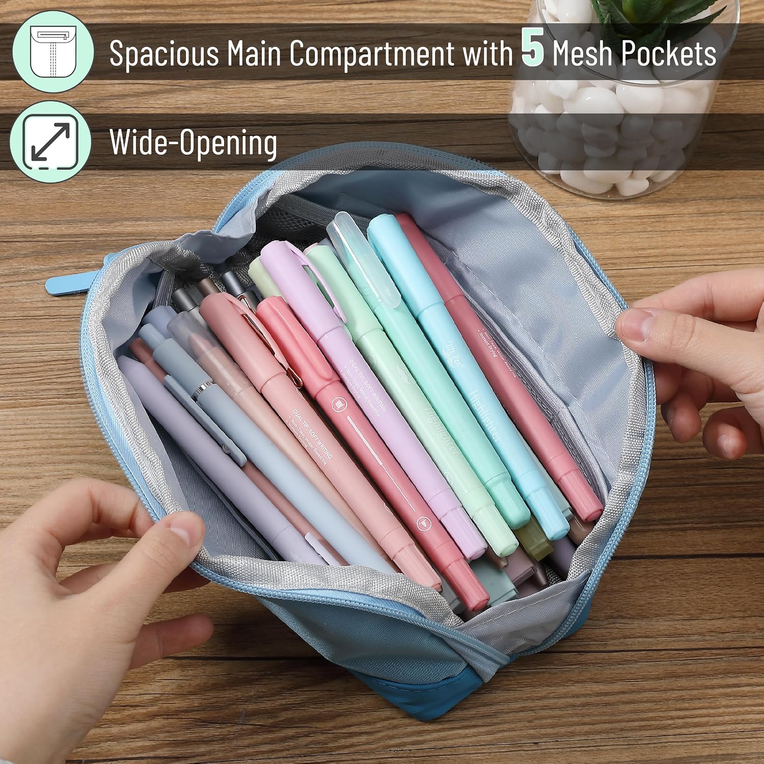 Wide-Opening Pencil Case, Triangle Design | Compact & Spacious Pencil Cases with 5 Mesh Pockets, Bag Pouch, Box