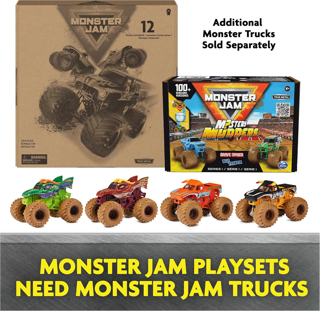 Official Die-Cast Monster Trucks, 1:64 Scale 12-Pack | 12 Exclusive Toy Trucks, Authentic Details & Graphics, Grave
