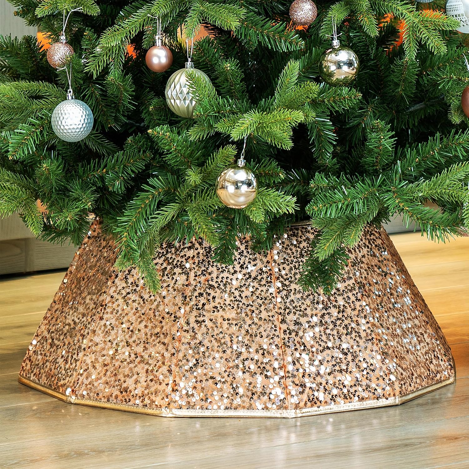 Sparkling Champagne Gold Christmas Tree Collar – Color Shifts with Light – 25.2″ Bottom / 14.9″ Top Foldable Base Cover