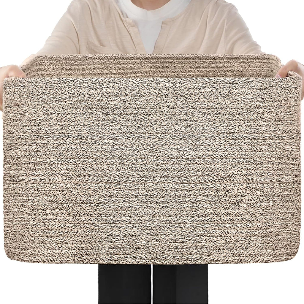75L Large Blanket Basket for Living Room, Woven Rope Laundry Basket with Reinforced Handles, Decorative Versatile