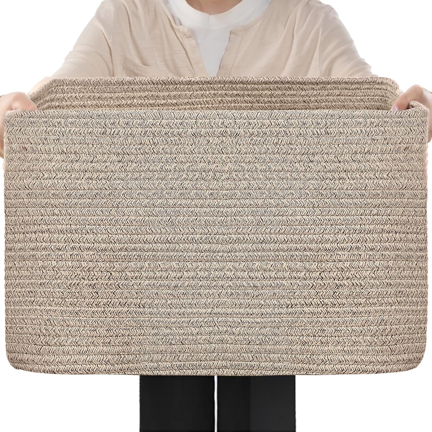 75L Large Blanket Basket for Living Room, Woven Rope Laundry Basket with Reinforced Handles, Decorative Versatile