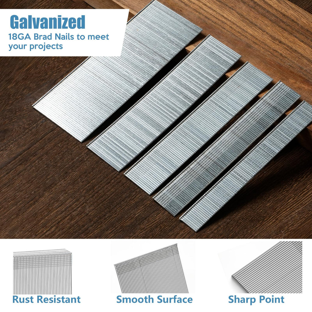 18 Gauge Galvanized Brad Nails T-head 5 Sizes 1500-Pack