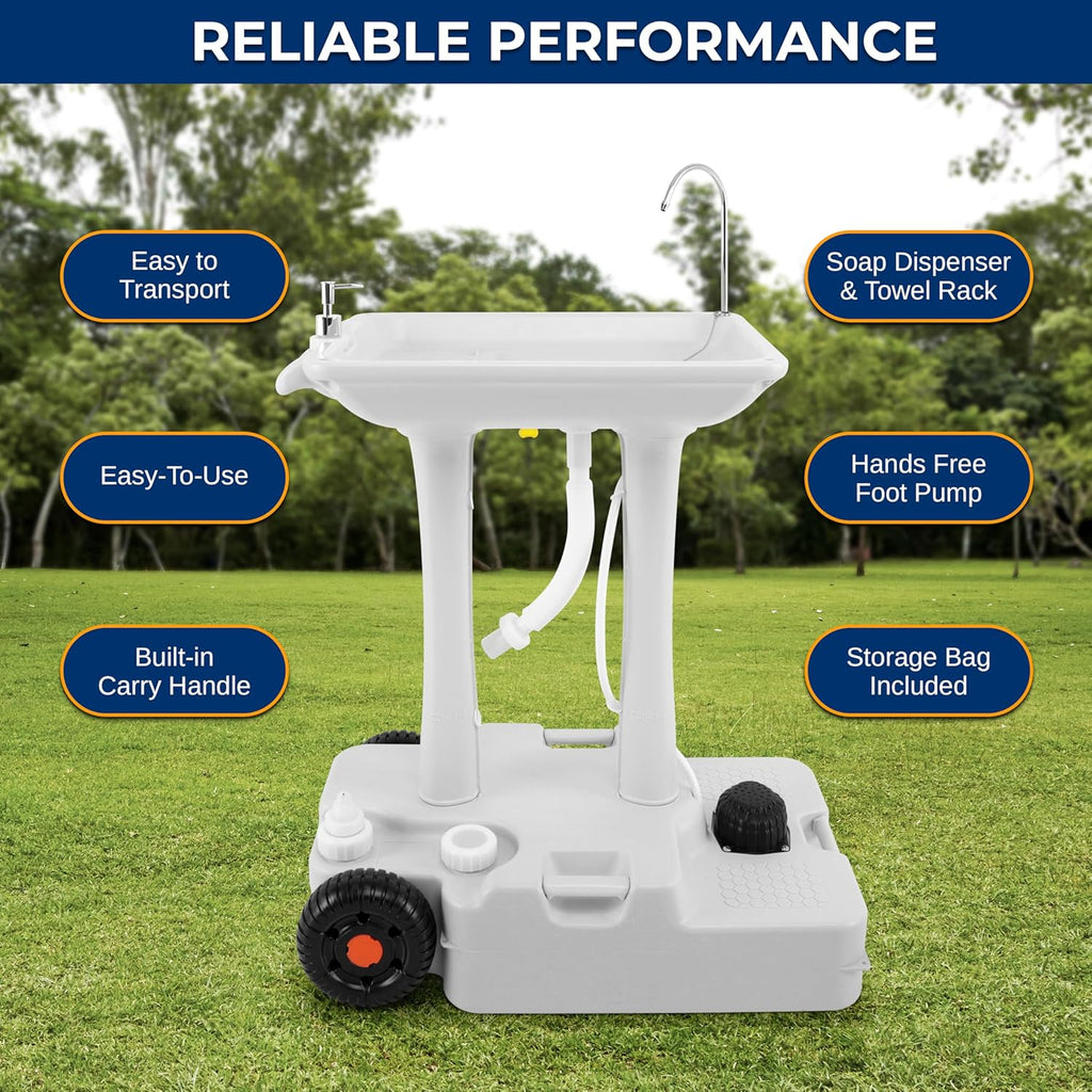 Portable Hand Washing Station, 100+ Hand Washes, Hands-Free Foot Pump, Soap Dispenser, and Drain Hose, Ideal for