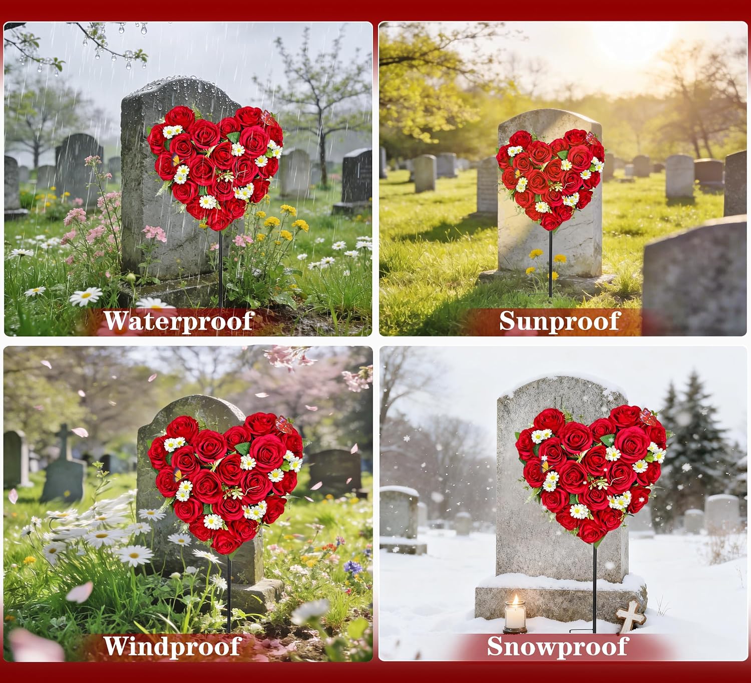 Artificial Cemetery Flowers, Grave Memorial Flowers with Ground Spike,Heart Shaped Wreaths Rose Daisy for Gravesites