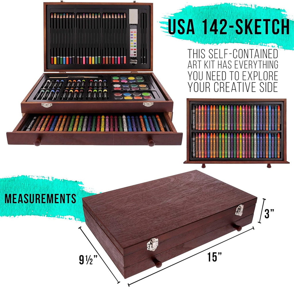 162-Piece Mega Wood Box Artist Kit with Painting, Drawing & Art Supplies for Adults - 24 Each (Watercolors, Oil