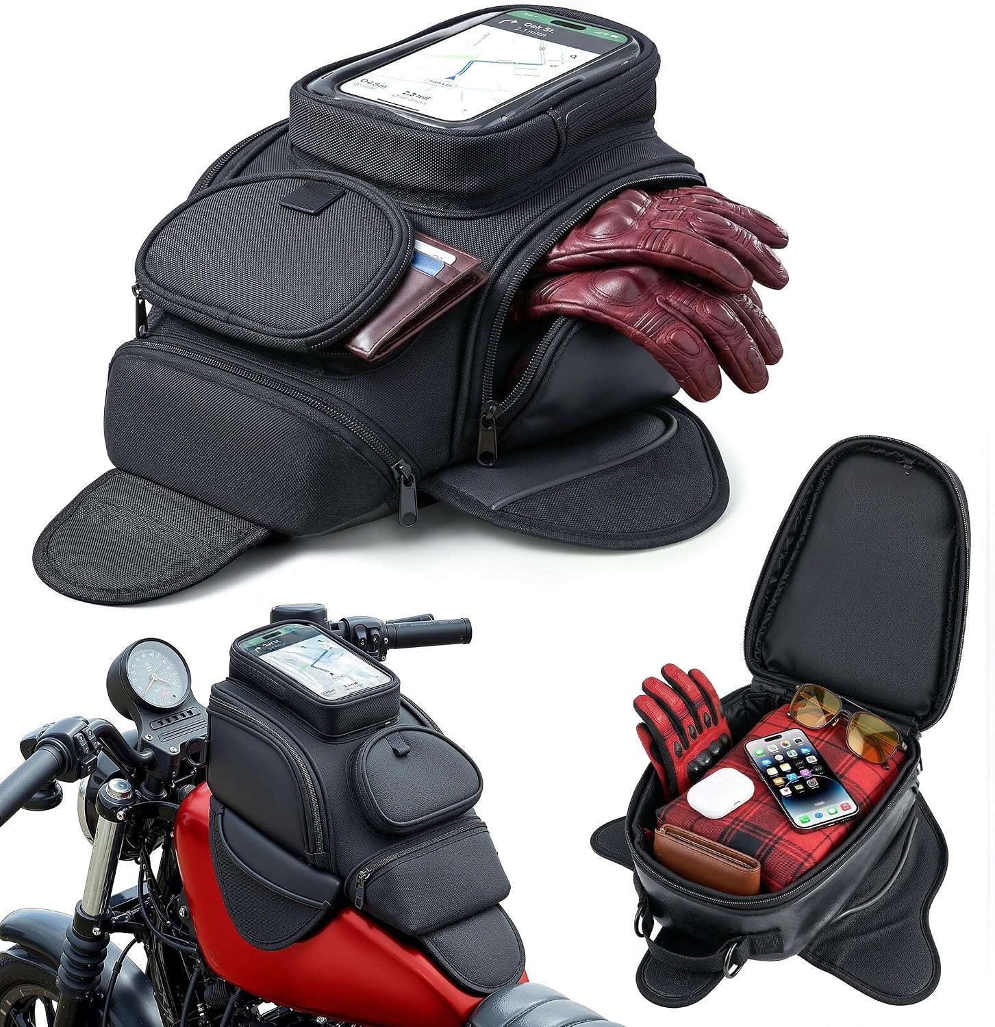 Nomad Motorcycle Tank Bag – 4L Heavy Duty Black Gas Tank Bag with Touchscreen Phone Window, Magnetic Universal Fuel