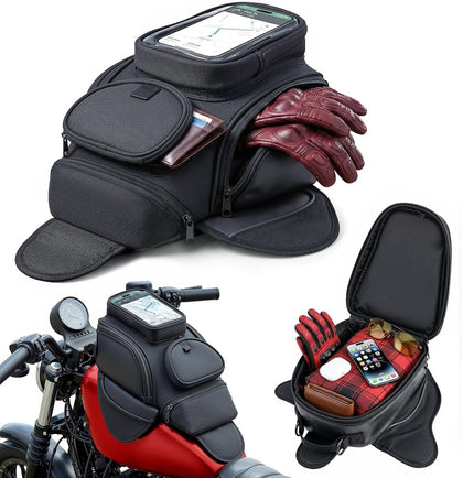 Nomad Motorcycle Tank Bag – 4L Heavy Duty Black Gas Tank Bag with Touchscreen Phone Window, Magnetic Universal Fuel