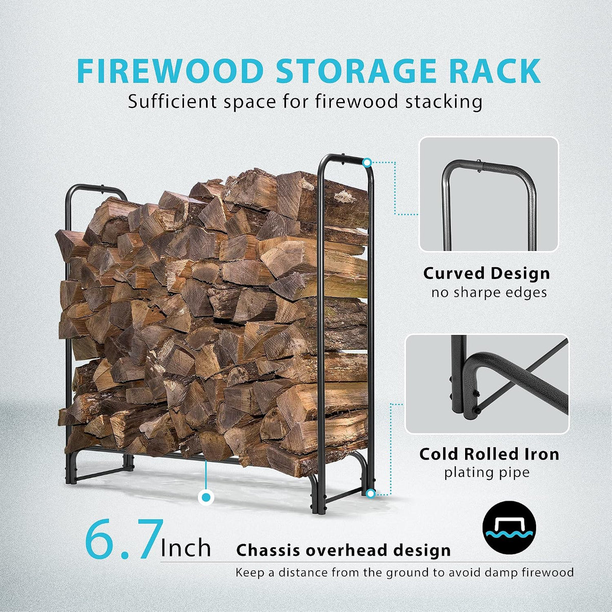 4 ft Heavy Duty Firewood Rack Outdoor with Cover, Black | Fire Wood Storage Rack, Log Holder and Cover Combo Set with