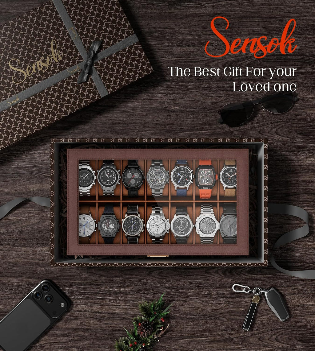 Watch Case Box for Men – 14 Slots Watch Display Organizer with 6-Compartment Eyeglasses Storage, Real Glass Lid