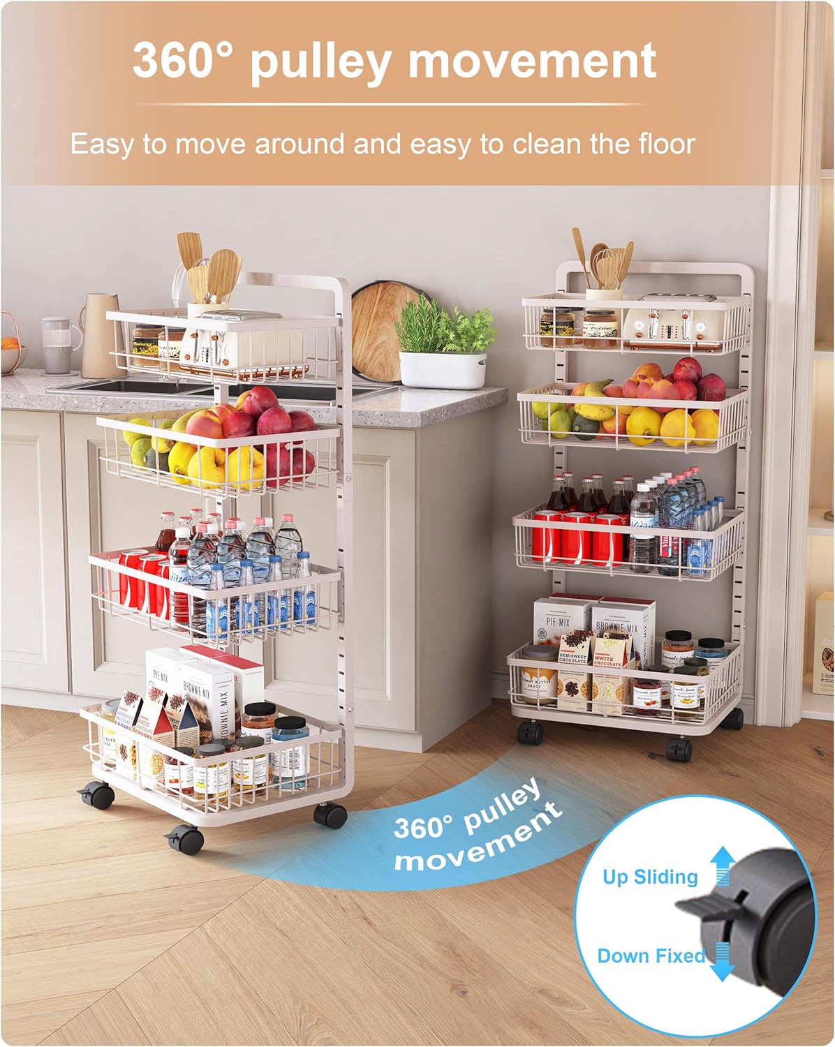 4-Tier Kitchen Storage Cart Metal Snack Cart Adjustable Fruit Basket on Wheels Stand Baskets for Potato Onion Produce