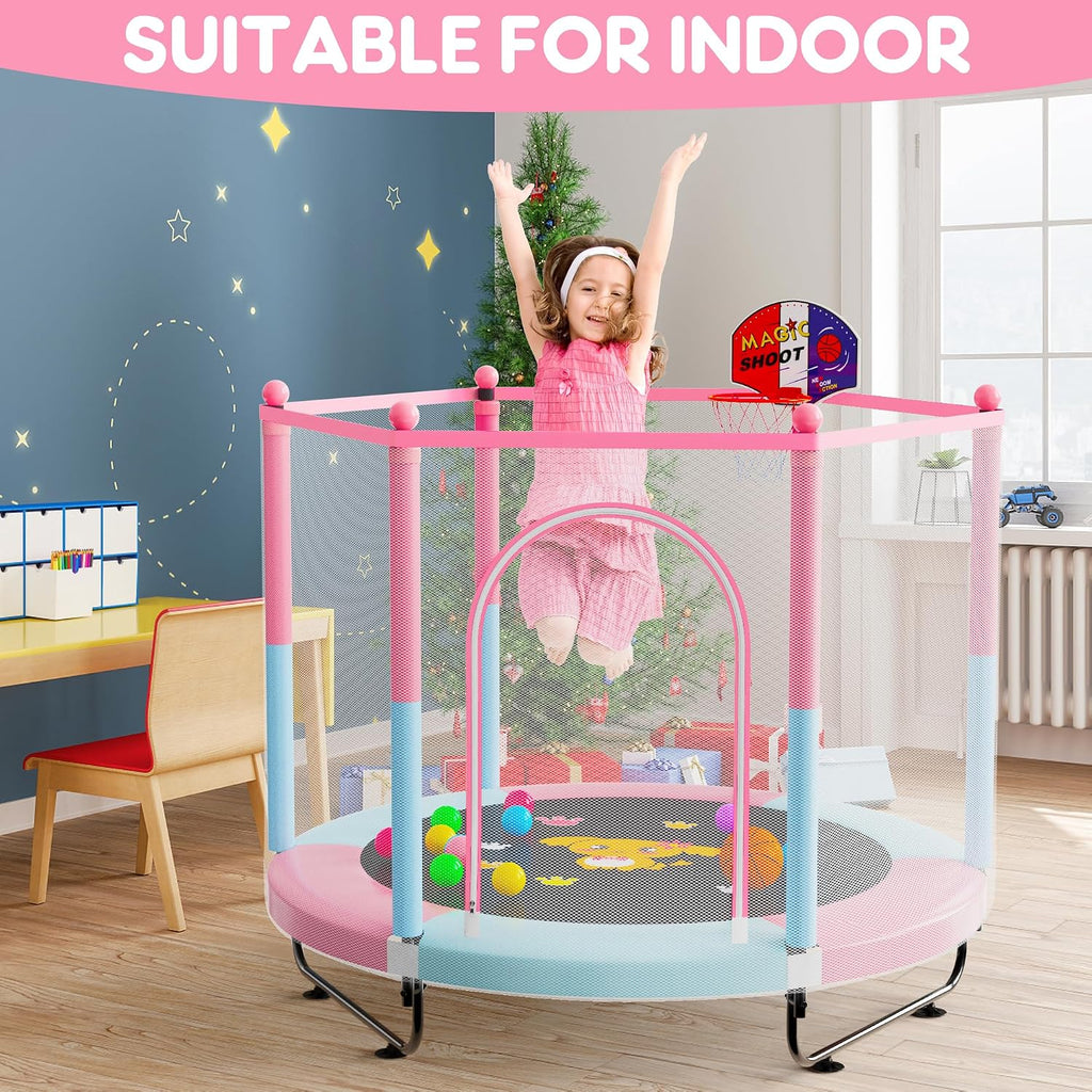 60" Trampoline for Kids, 5 FT Indoor & Outdoor Toddler Baby Trampoline with Basketball Hoop, Safety Enclosure