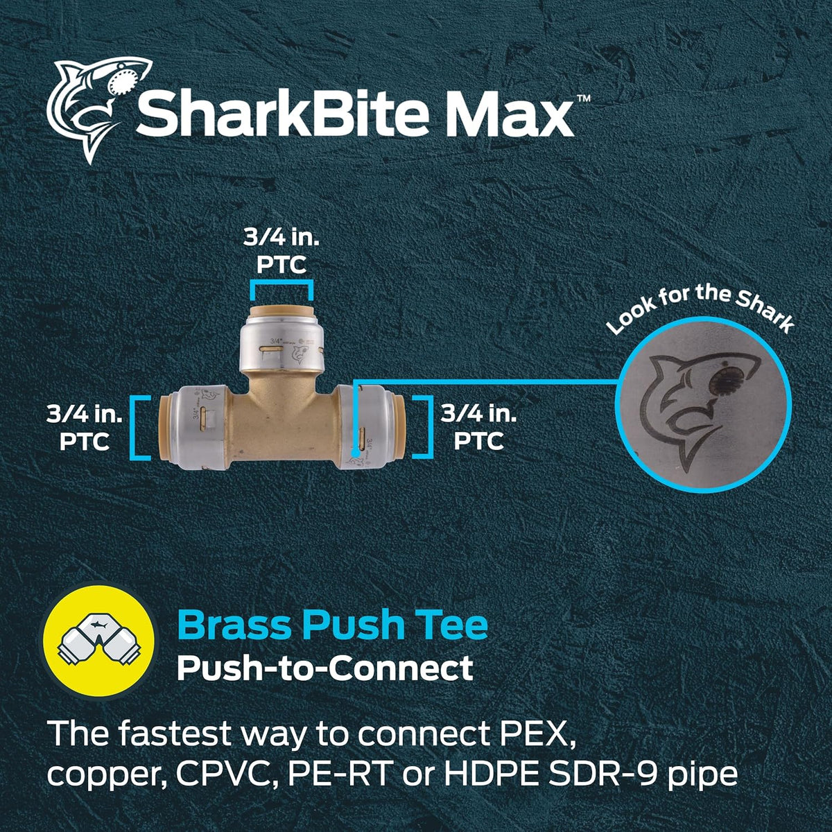SharkBite Max 3/4 Inch Tee, Push to Connect Brass Plumbing Fitting, PEX Pipe, Copper, CPVC, PE-RT, HDPE, UR370A
