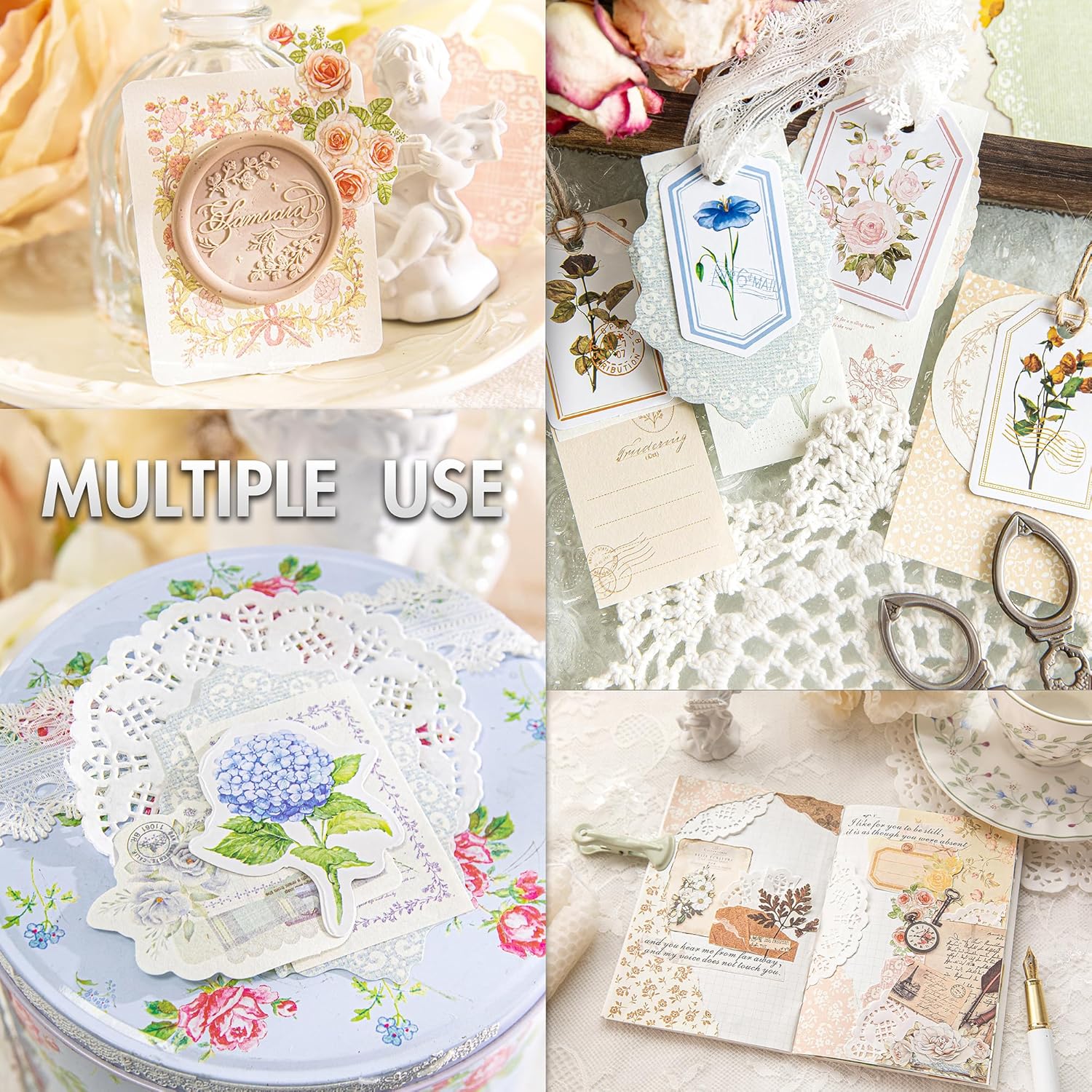 Vintage Floral Scrapbook Paper & Journaling Stickers (400pcs) Assorted Set - 4 Pack Junk Journal Supplies for Bullet