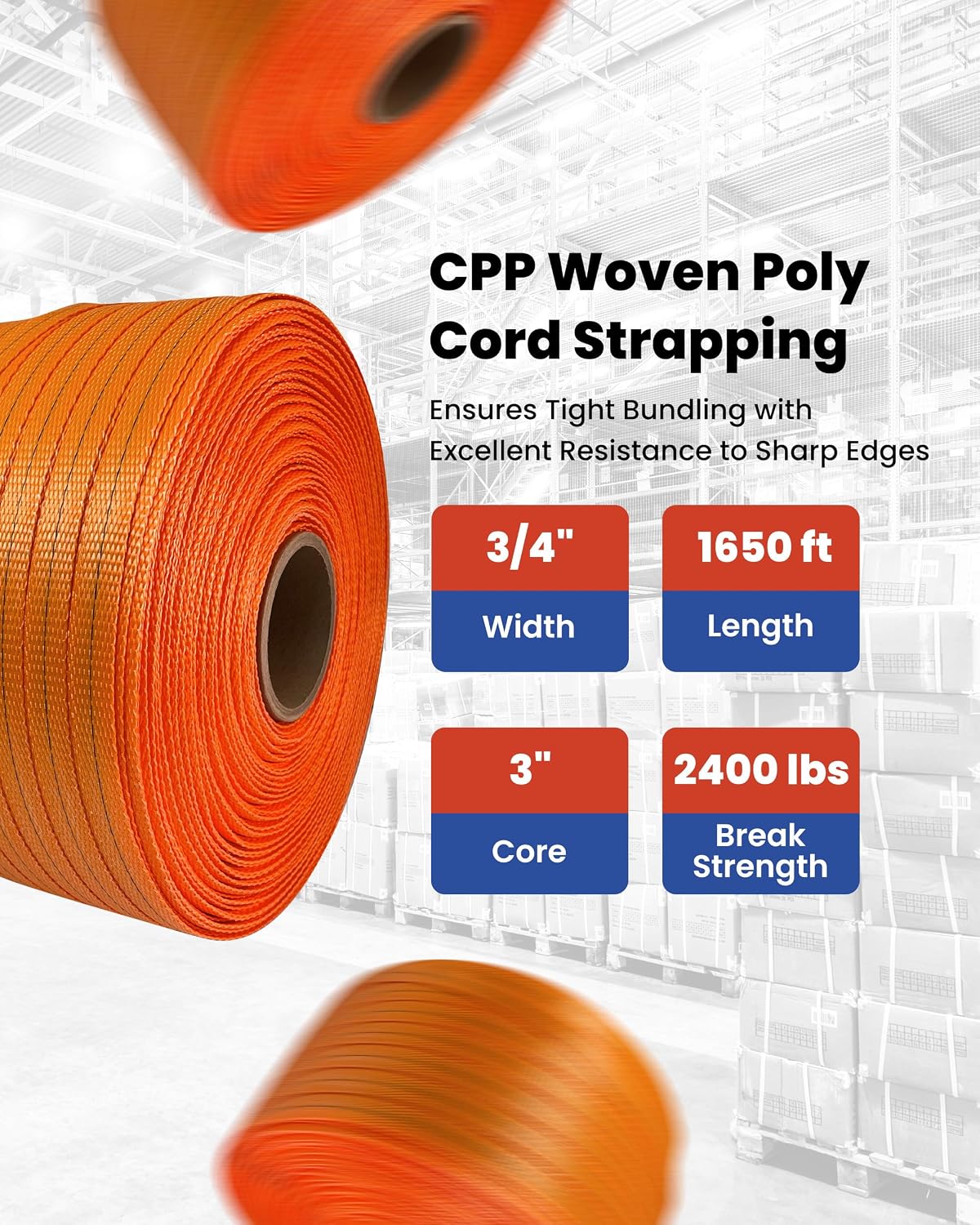CPP 3/4" x 1650' Woven Polyester Strapping Cord - 2400 lbs Break Strength, Heavy Duty Strapping - Water, UV