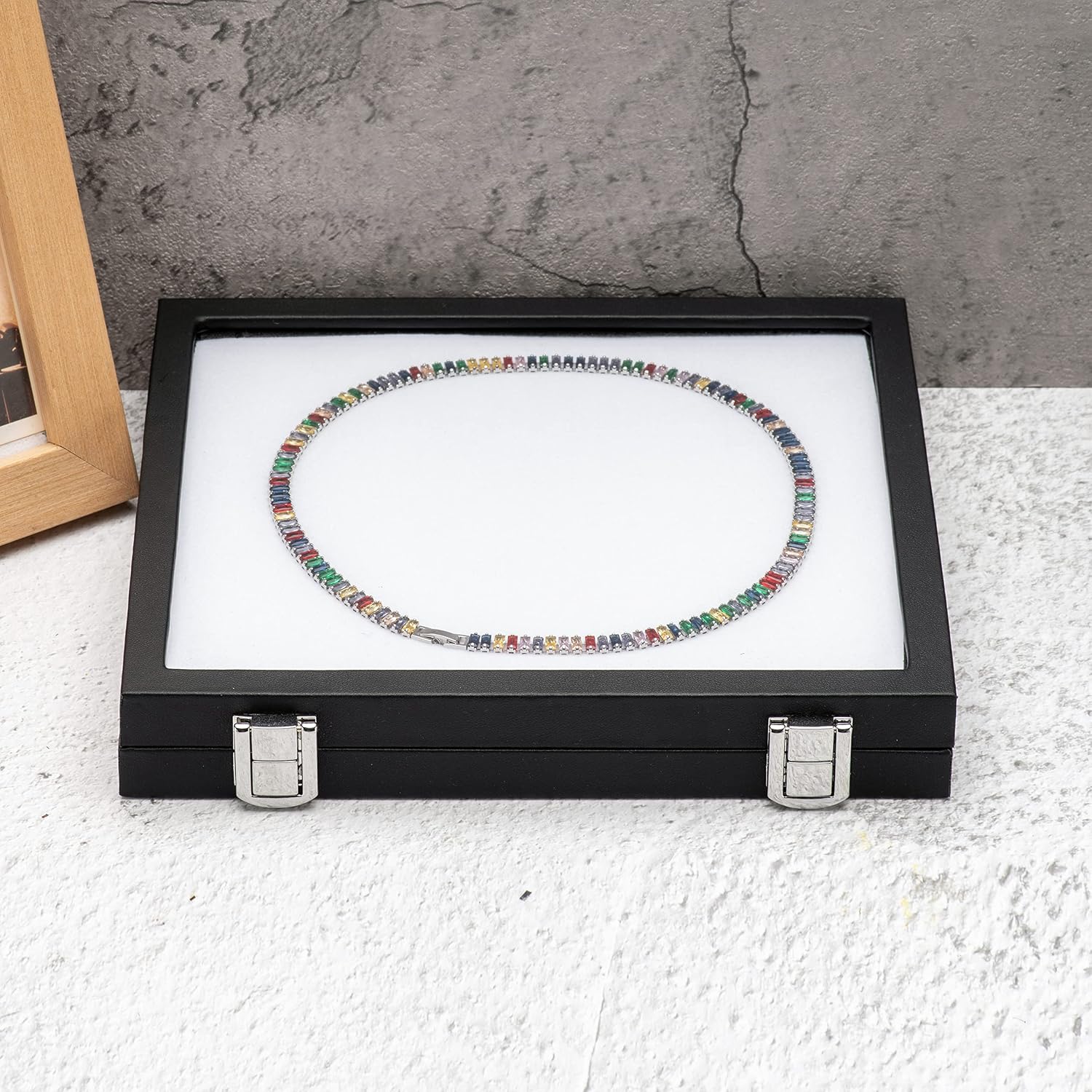 Jewelry Display Case Tempered Glass Top Lid Black Leatherette,Gemstone Display Case Jewelry Storage Box with Metal