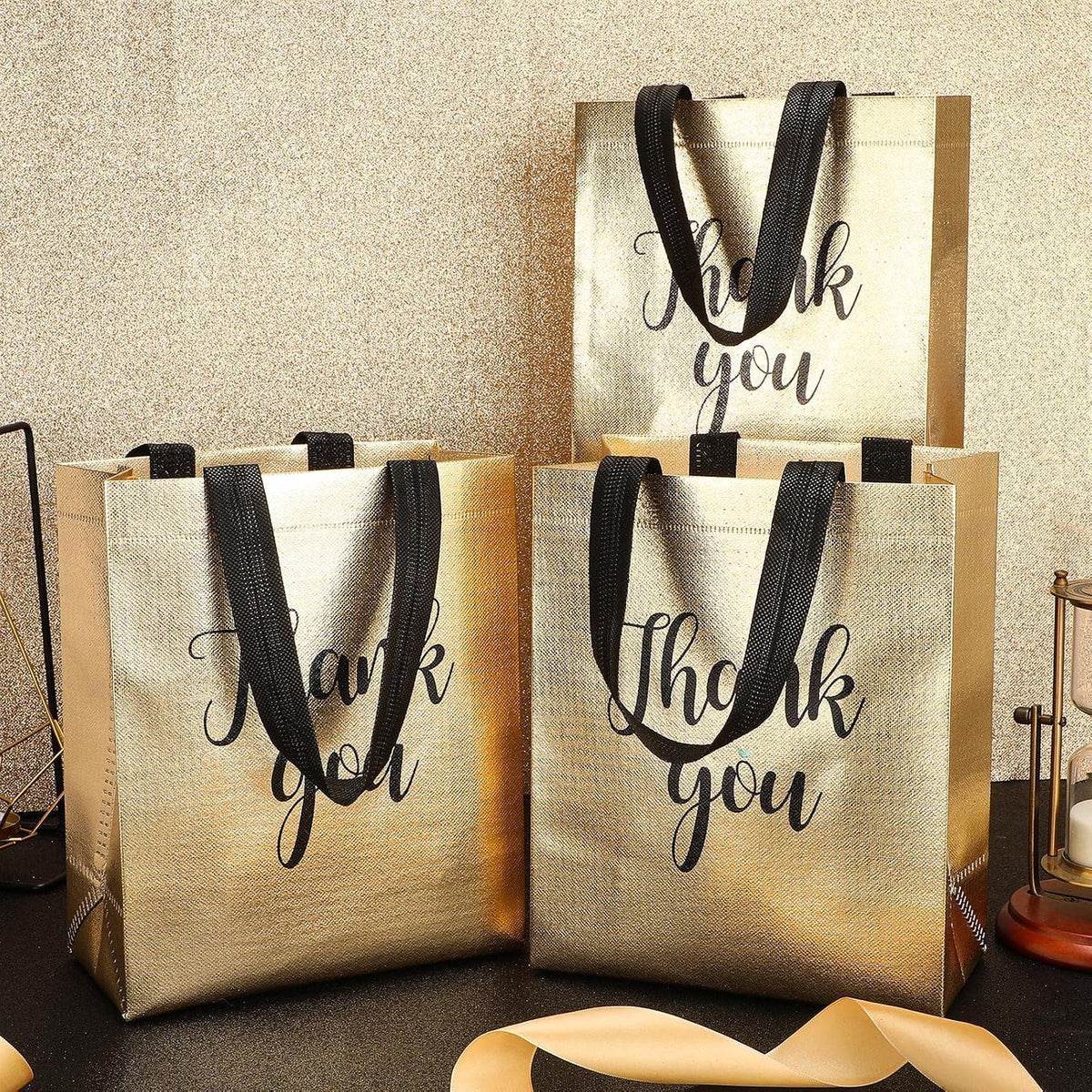 50 Pcs Gold Glossy Thank You Gift Bag with Handles