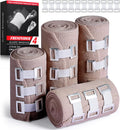 Elastic Bandage Wrap 4 Pack(2 X 3 + 2 X 4 Wide Rolls) + 24 Clips | Stretch Compression Bandage Stretches up to 15ft |