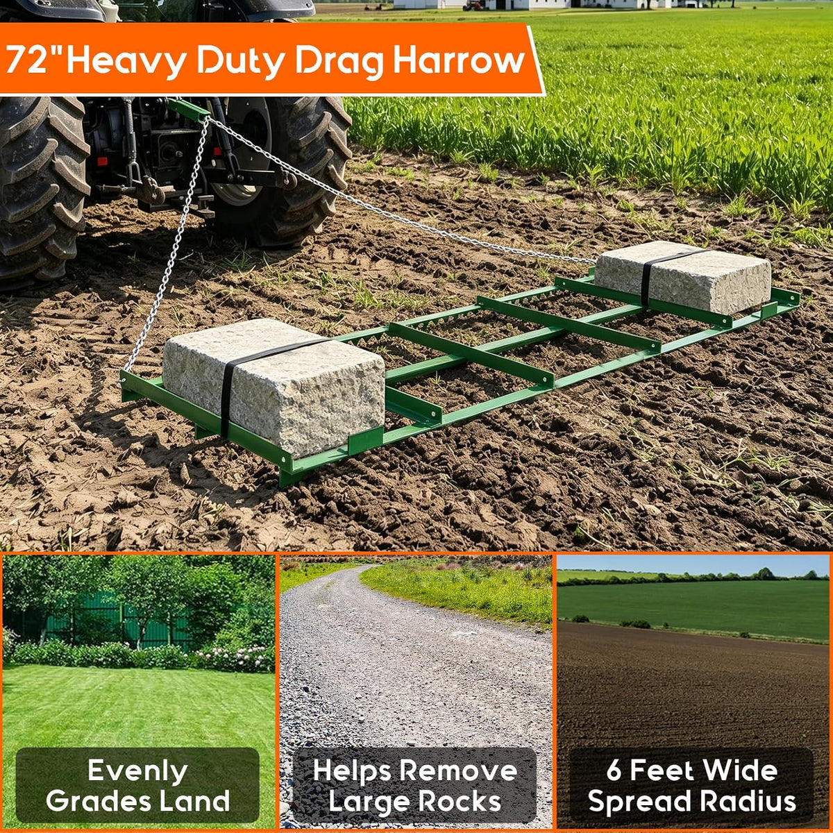 Drag Harrow, 6 ft Heavy Duty Tow Behind Drag Harrow w/ Tine Toothed Structure, Driveway Grader Landscape Rake for
