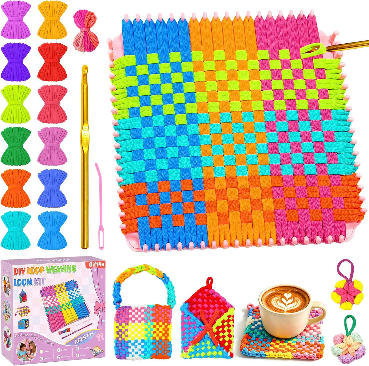 Weaving Loom Kit for Kids, Beginner Craft Kit with 12 Color Loops
