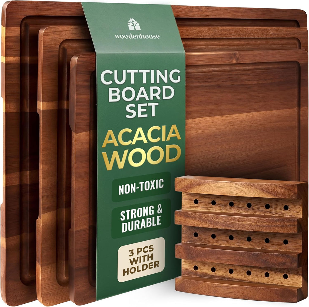 Acacia Wood Cutting Board Set of 3 with Holder, Juice Grooves & Built-in Handles - Durable, Wooden Cutting Boards for