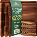 Acacia Wood Cutting Board Set of 3 with Holder, Juice Grooves & Built-in Handles - Durable, Wooden Cutting Boards for