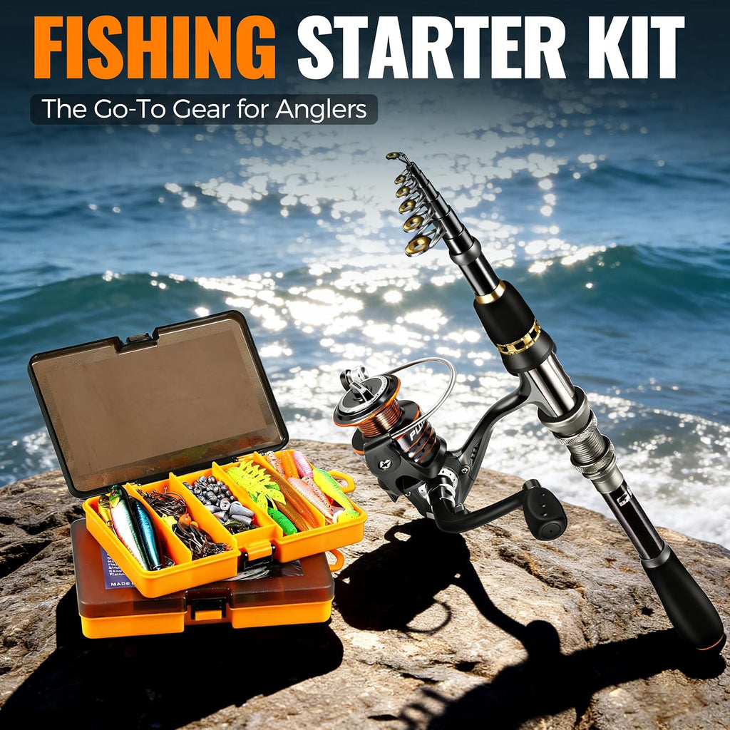 Fishing Rod and Reel Combo Pole Gear Kit Telescopic Beginner | Portable All-in-One Fishing Equipment, with Freshwater