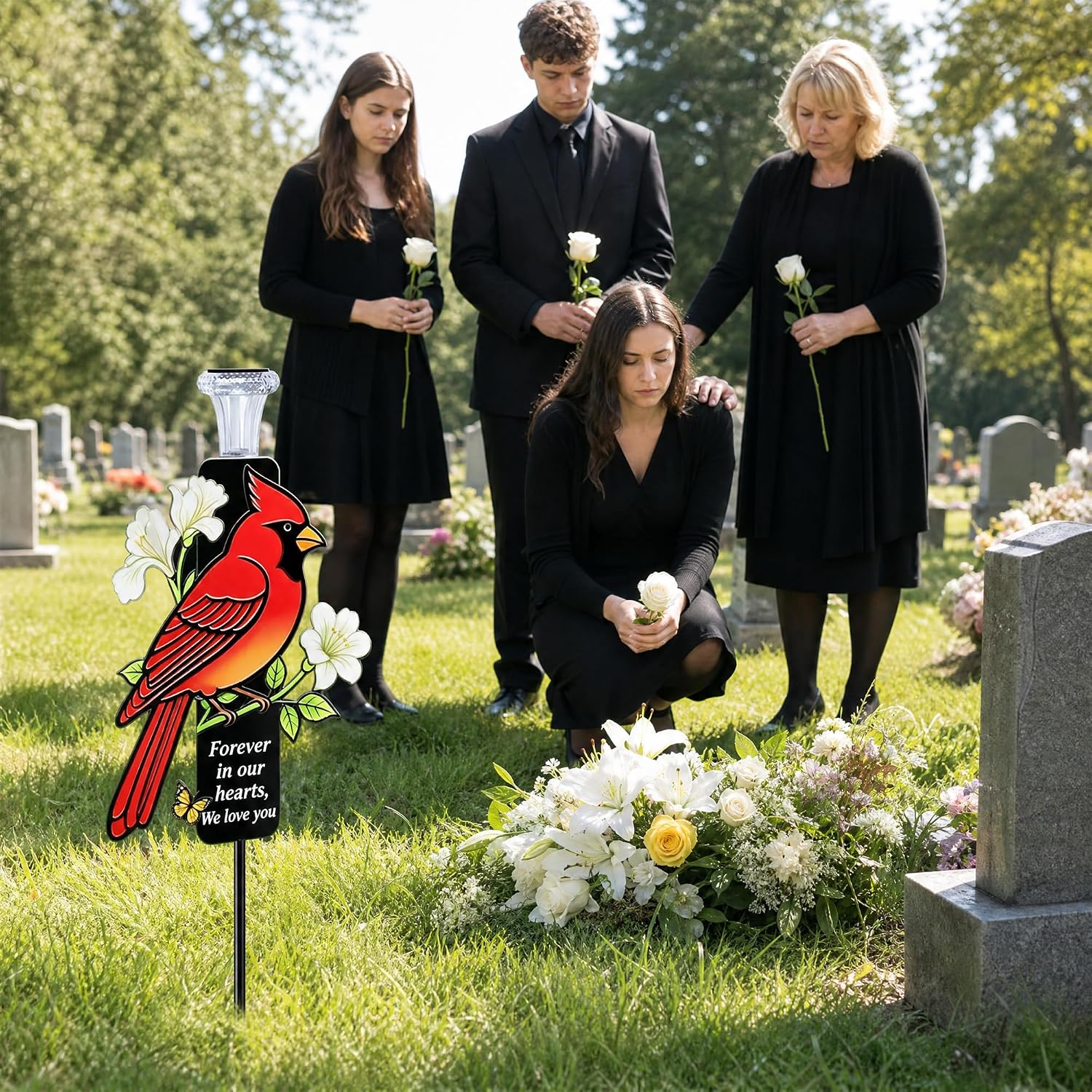 Solar Cardinal Memorial Garden Stake Light, Waterproof Red Bird Cemetery Grave Marker with LED Solar Lamp, Forever in