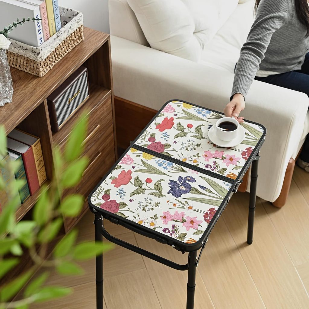Small Camping Table, Vintage French Flowers Pattern Folding Table, Adjustable Height, Lightweight & Portable Outdoor