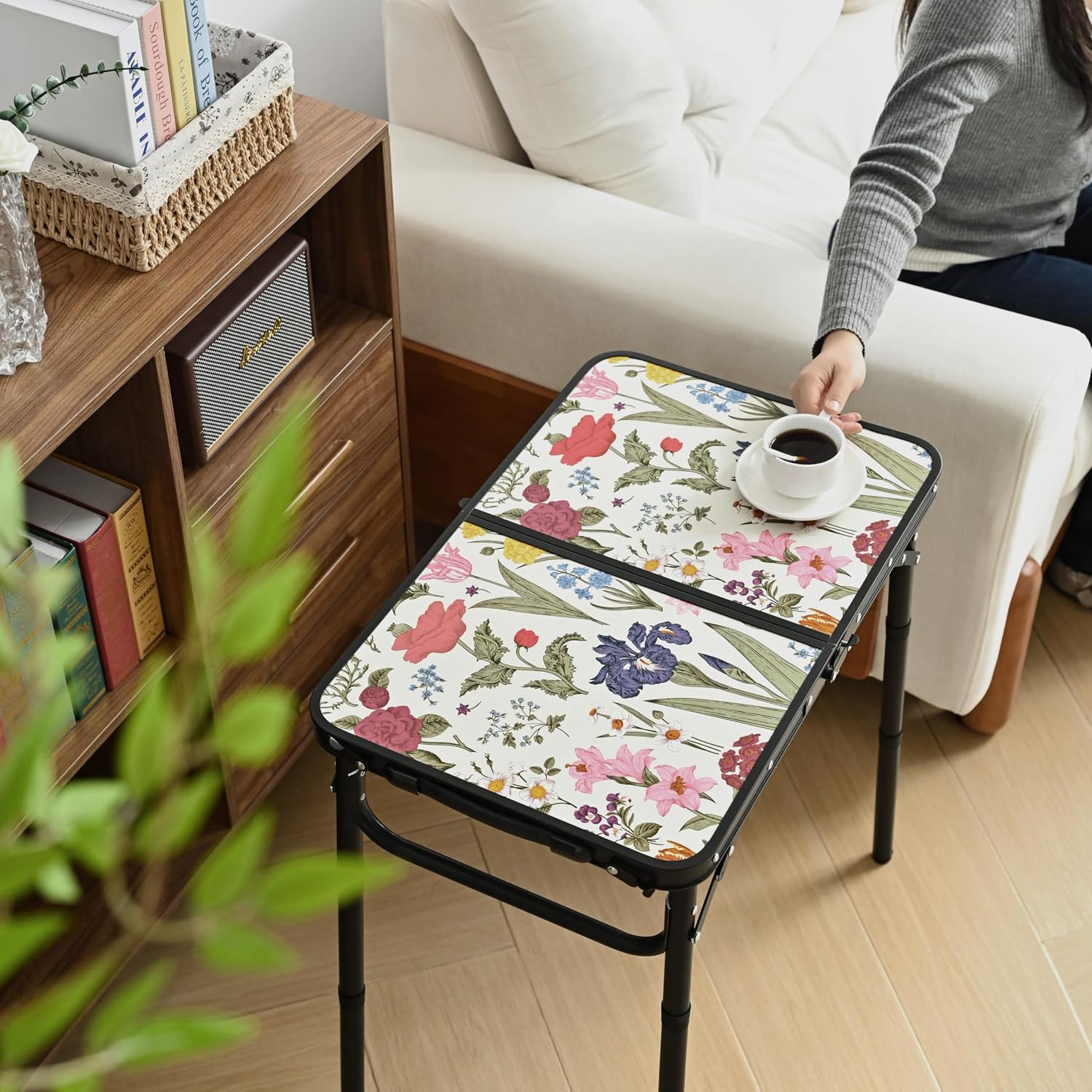 Small Camping Table, Vintage French Flowers Pattern Folding Table, Adjustable Height, Lightweight & Portable Outdoor