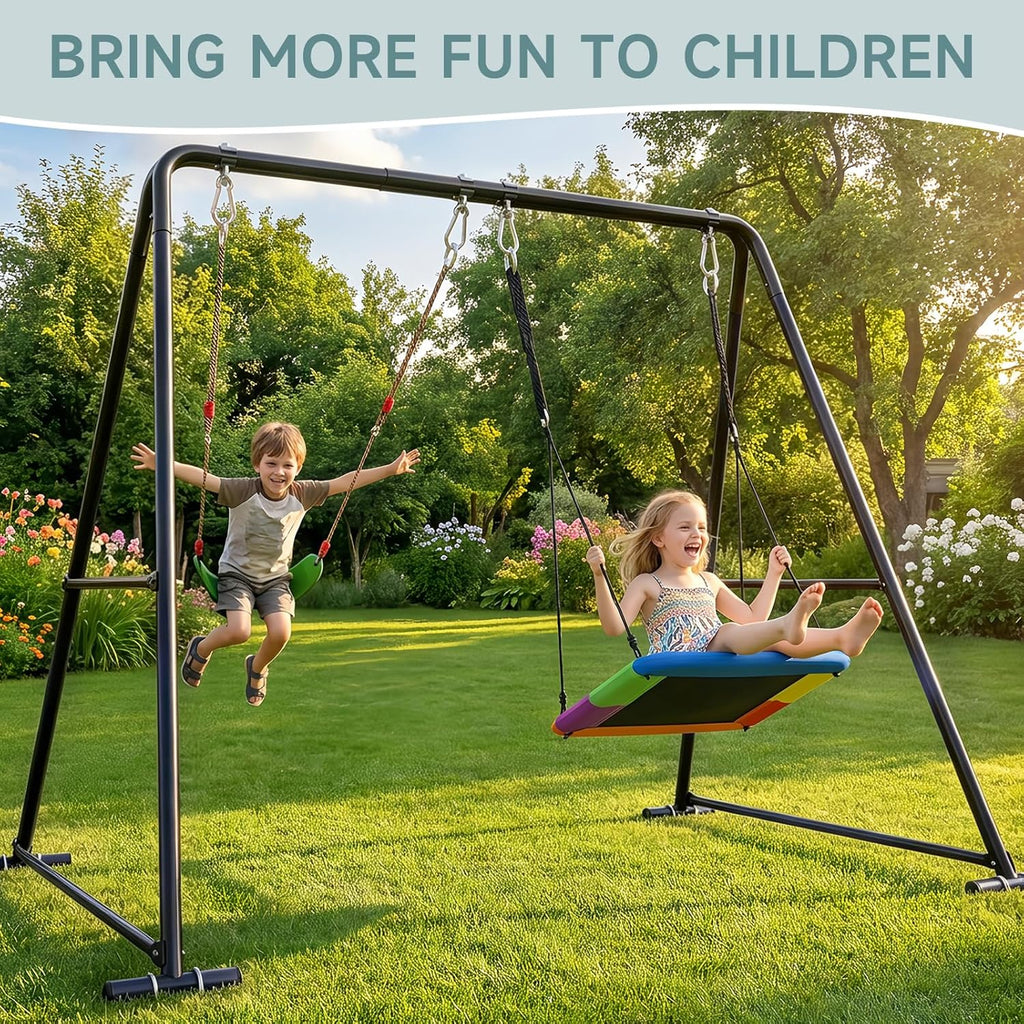2-in-1 Swing Set for Backyard for Kids, with 1 Platform Swing, 1 Belt Swing, 440lbs Metal Swing Set for Toddler