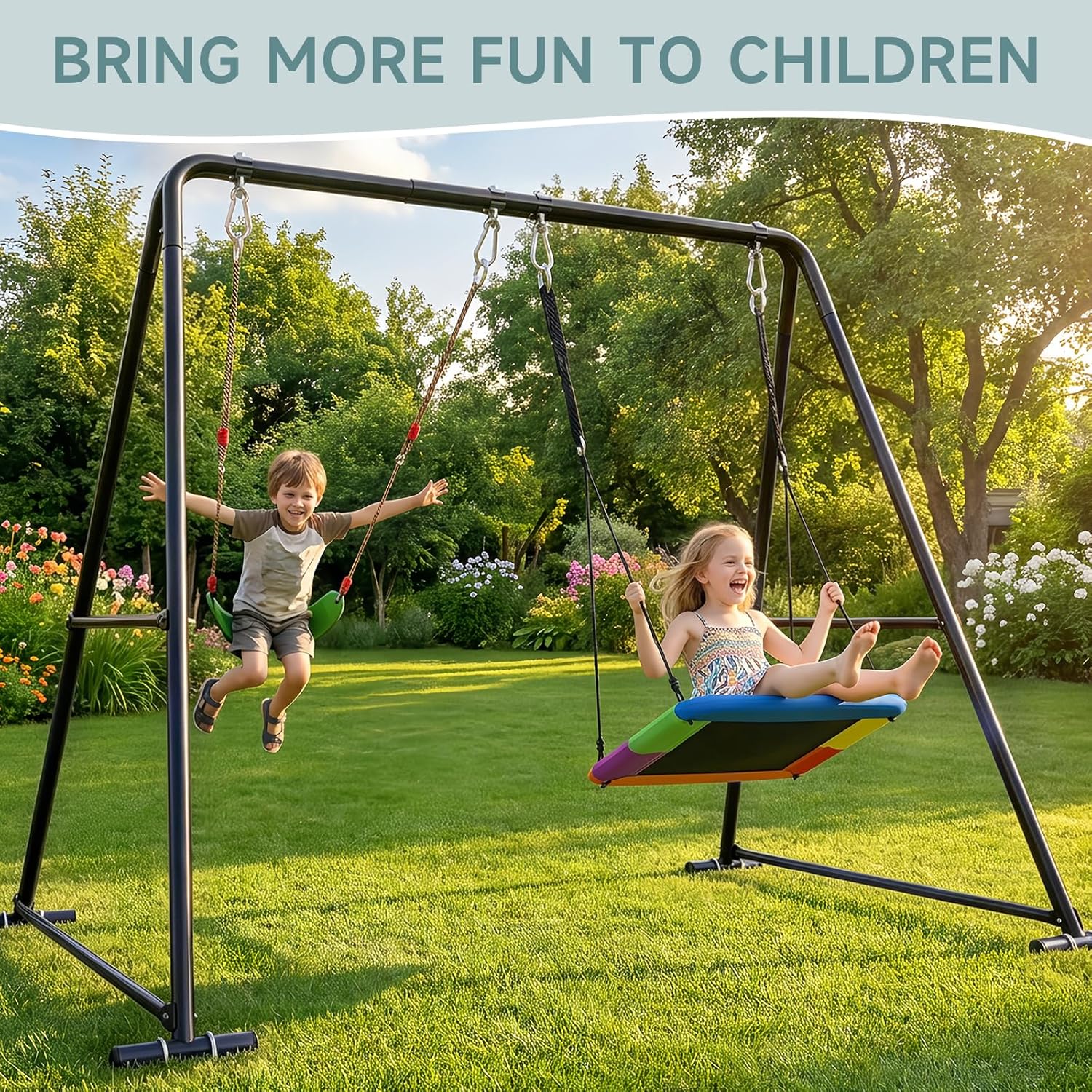 2-in-1 Swing Set for Backyard for Kids, with 1 Platform Swing, 1 Belt Swing, 440lbs Metal Swing Set for Toddler