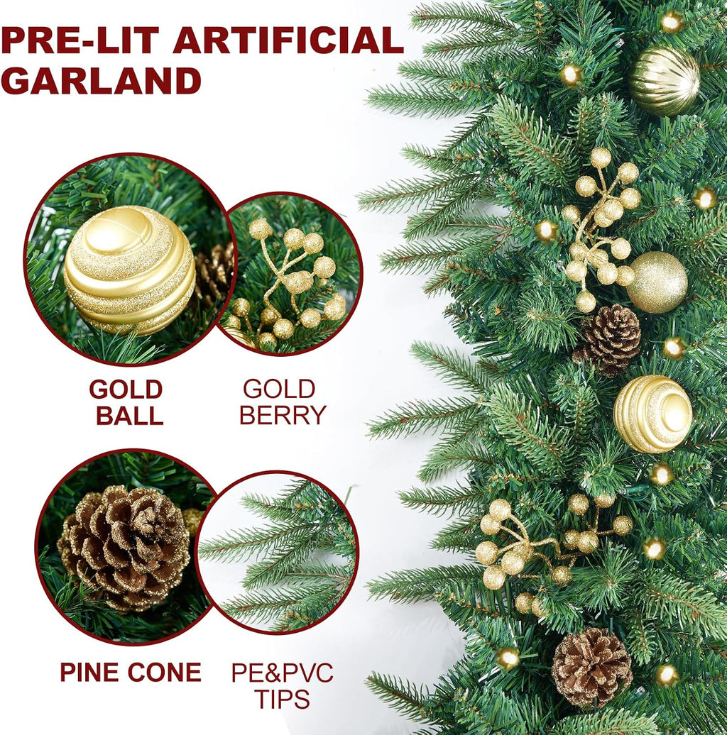 9FT Pre-Lit Artificial Christmas Garland with 50 Led Light, Green, Decorated with Pine Cones, Glitter Powder Gold