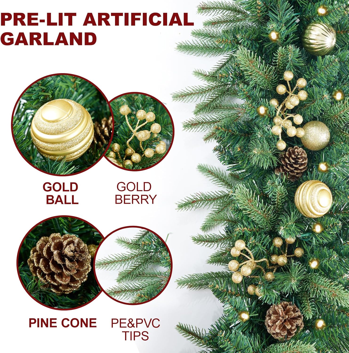 9FT Pre-Lit Artificial Christmas Garland with 50 Led Light, Green, Decorated with Pine Cones, Glitter Powder Gold