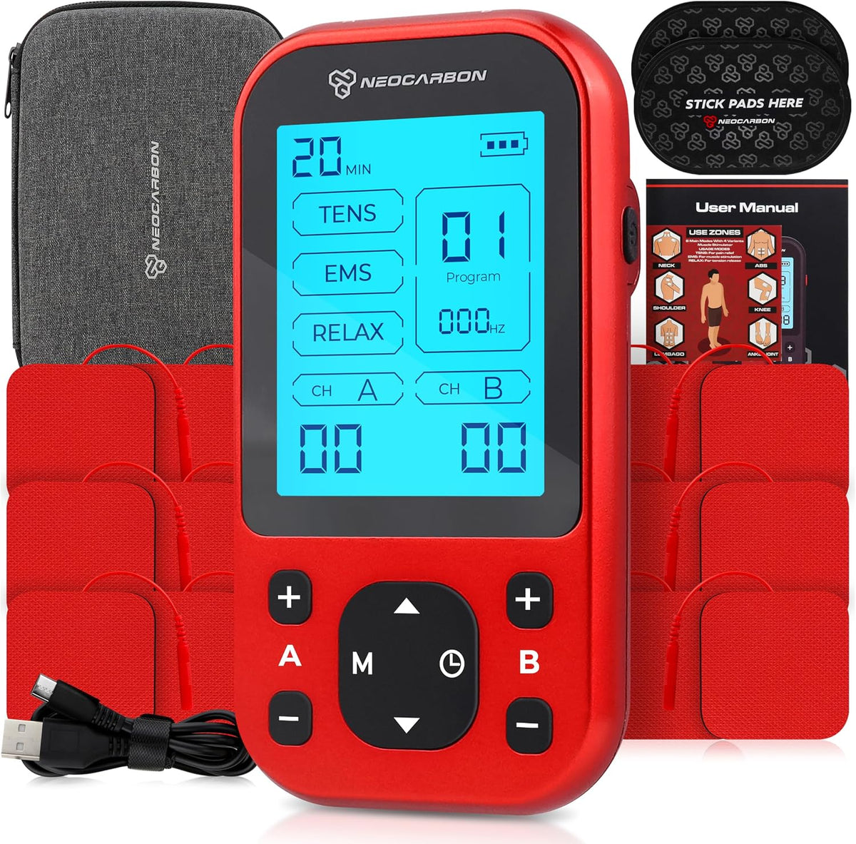 TENS Unit Muscle Stimulator Pro for Back Pain Relief, Red