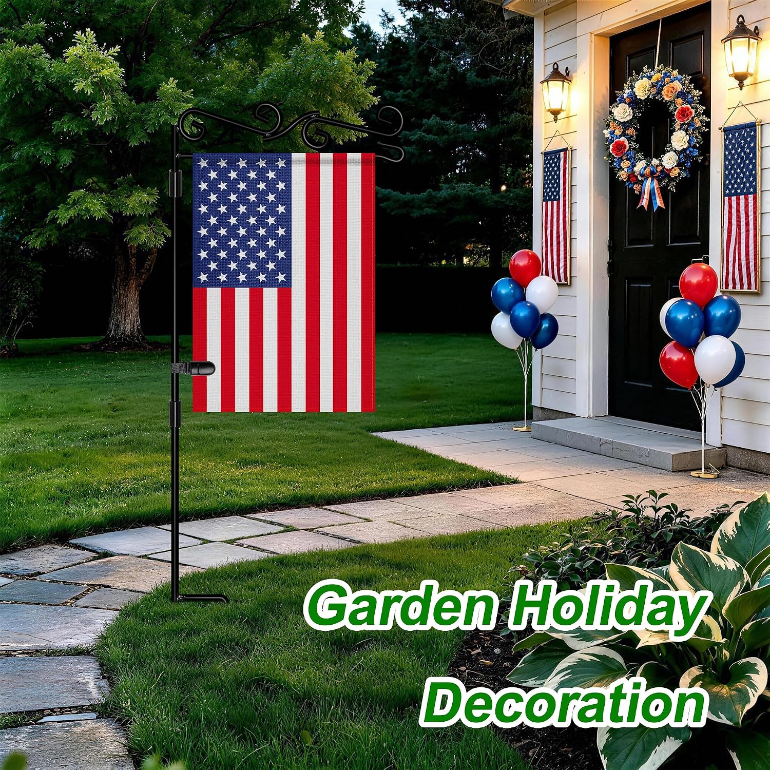 Garden Flag Stand, Premium Garden Flag Pole Holder Black Metal Powder-Coated Weather-Proof Paint, 37.8"H x 15.5"W For