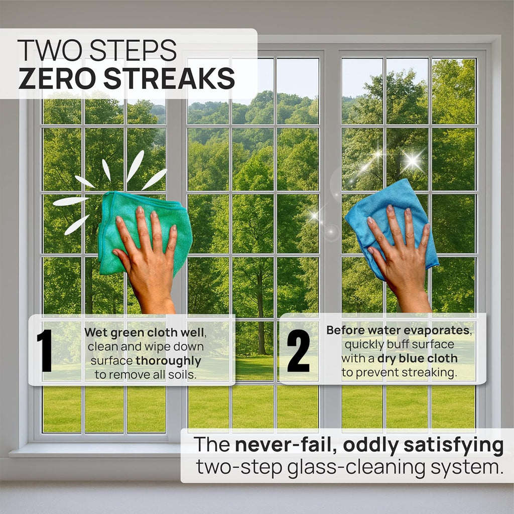 Claro 2 Step Glass Cleaning Cloth 8-Pack – Green Wet & Blue Dry Microfiber Towels Cleaning for Windows, Mirrors &