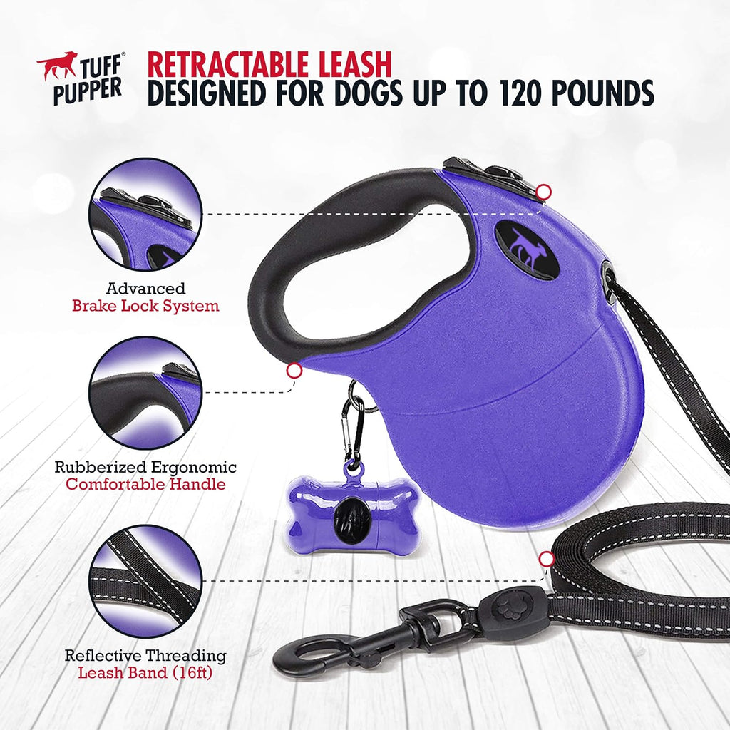 Heavy Duty Retractable Dog Leash | 16 ft Dog Leash with Reflective Stitching for Nighttime Safety | One Button Lock